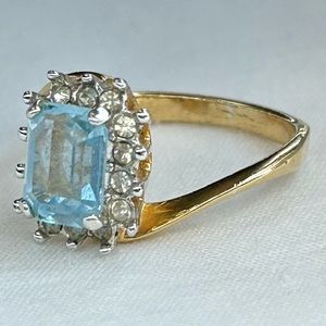 Vintage 18K Gold Plated Ring with Rectangular Cut Blue CZ with Clear Halo size 8